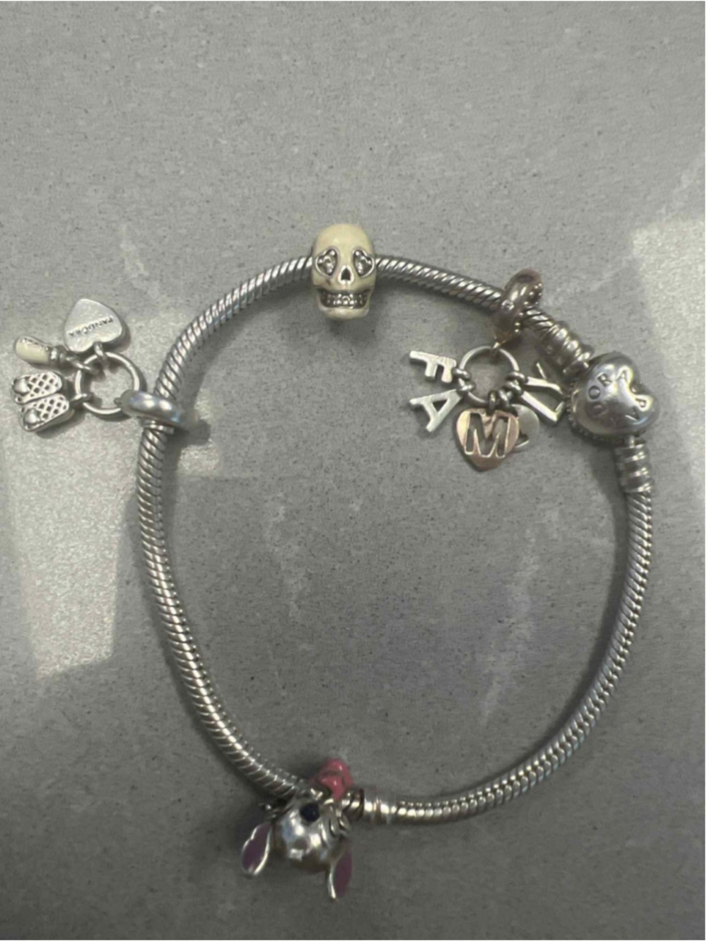 Pandora Sterling Snake Chain Bracelet w/ 4 Charms Disney Stitch Skull Baby